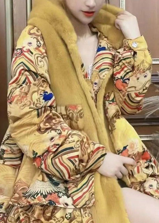  Fashion Yellow Print Patchwork Button Faux Fur Thick Long Hooded Coat Winter - Down Jackets - DYAVOR® 