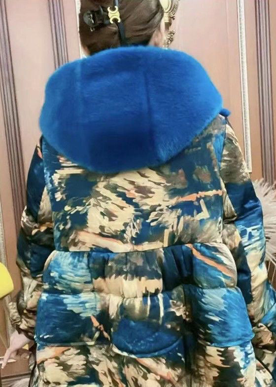  Fashion Yellow Print Patchwork Button Faux Fur Thick Long Hooded Coat Winter - Down Jackets - DYAVOR® 