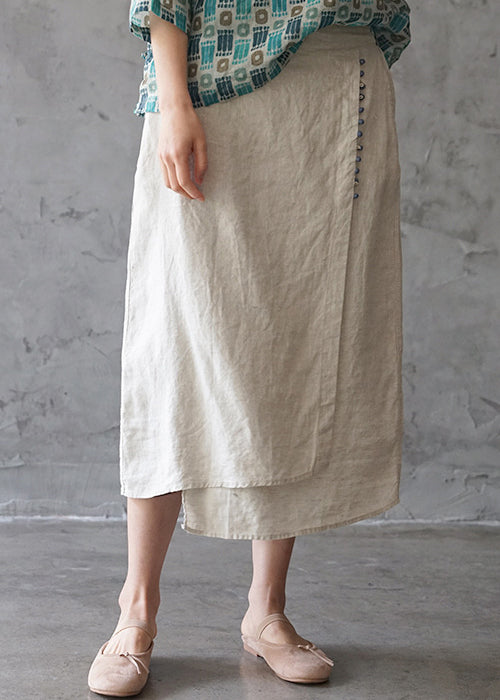  Fine Beige elastic waist asymmetrical design pocket Linen Skirts Spring - Skirts - DYAVOR® 