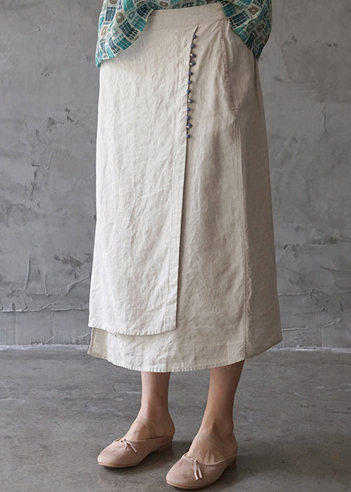  Fine Beige elastic waist asymmetrical design pocket Linen Skirts Spring - Skirts - DYAVOR® 