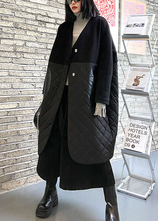  Fine Black Woolen Patchwork PU Pockets Winter Cotton Parka coat - Down Jackets - DYAVOR® 