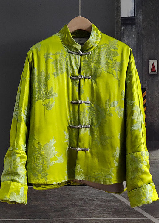  Fine Green Silk Jacquard Chinese Button Fine Cotton Filled Coats Winter - Down Jackets - DYAVOR® 