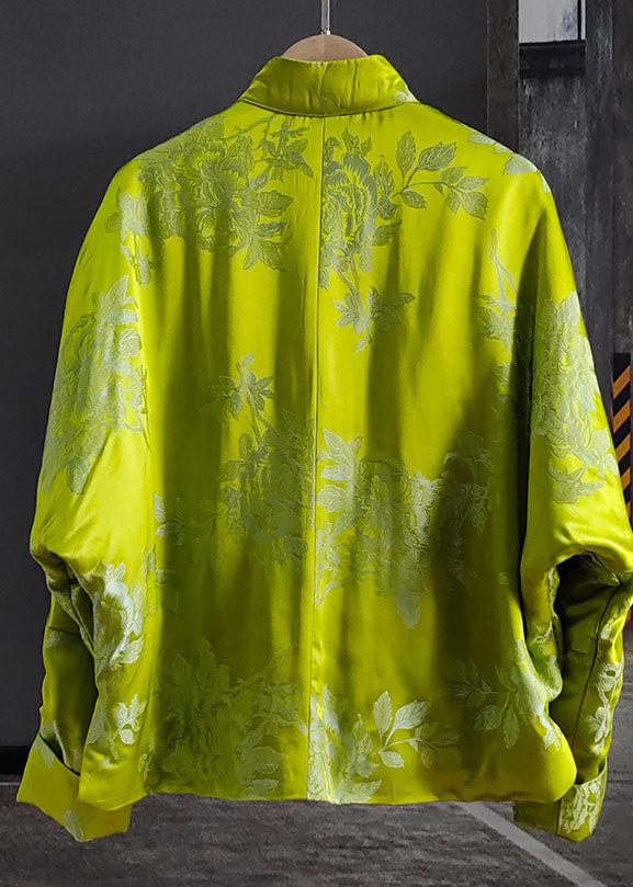  Fine Green Silk Jacquard Chinese Button Fine Cotton Filled Coats Winter - Down Jackets - DYAVOR® 