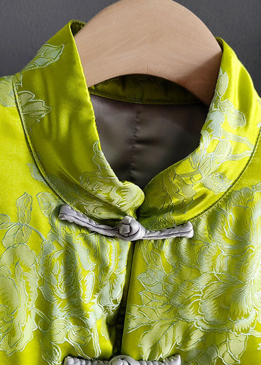  Fine Green Silk Jacquard Chinese Button Fine Cotton Filled Coats Winter - Down Jackets - DYAVOR® 