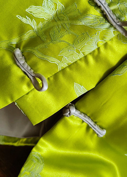  Fine Green Silk Jacquard Chinese Button Fine Cotton Filled Coats Winter - Down Jackets - DYAVOR® 