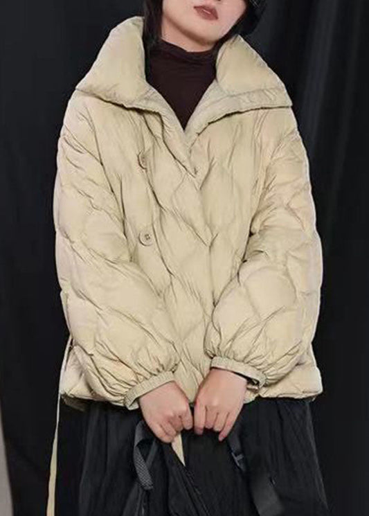  Fine Khaki Loose Stand Collar Pockets Winter Duck Down Puffer Coat - Down Jackets - DYAVOR® 