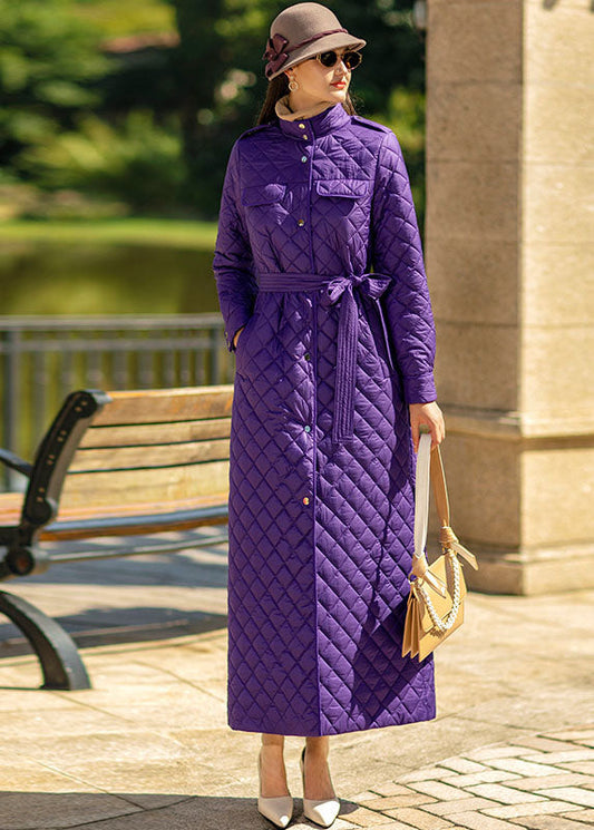  Fine Purple Stand Collar Sashes Lengthen Fine Cotton Filled Puffer Jacket Winter - Down Jackets - DYAVOR® 