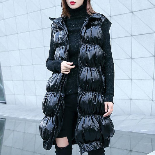  Fine black down jacket plus size hooded zippered Puffers Jackets Warm Sleeveless tunic -  - DYAVOR® 