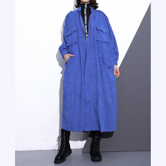  Fine blue long coat plus size Stand zippered trench coat boutique long sleeve pockets baggy long coats -  - DYAVOR® 