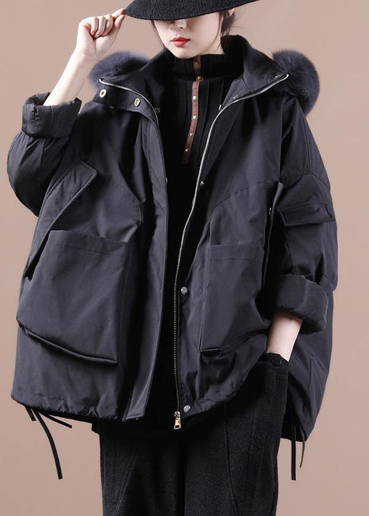 Fine plus size down jacket overcoat black hooded fur collar goose Down coat -  - DYAVOR® 
