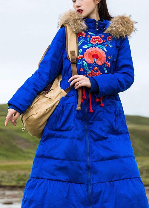  Fine plus size womens parka embroidery overcoat blue hooded goose Down coat -  - DYAVOR® 