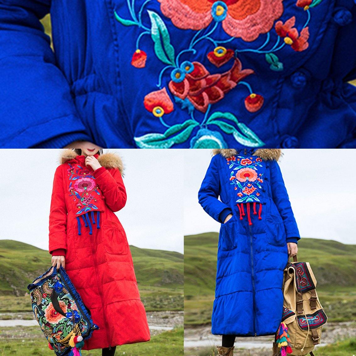  Fine plus size womens parka embroidery overcoat blue hooded goose Down coat -  - DYAVOR® 