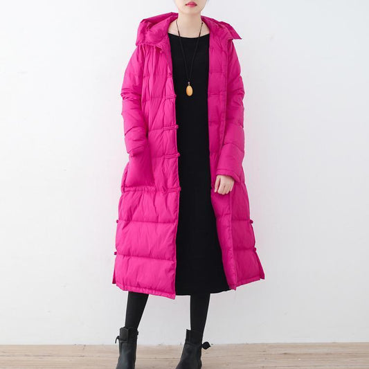  Fine rose red Puffers Jackets Loose fitting down jacket New hooded winter outwear Chinese Button -  - DYAVOR® 