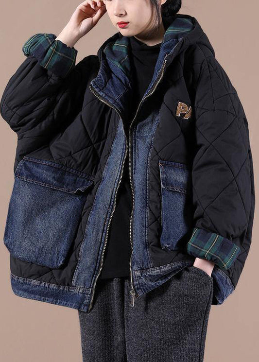  Fine black Parkas for women Loose fitting snow jackets hooded patchwork plaid winter outwear - Down Jackets - DYAVOR® 