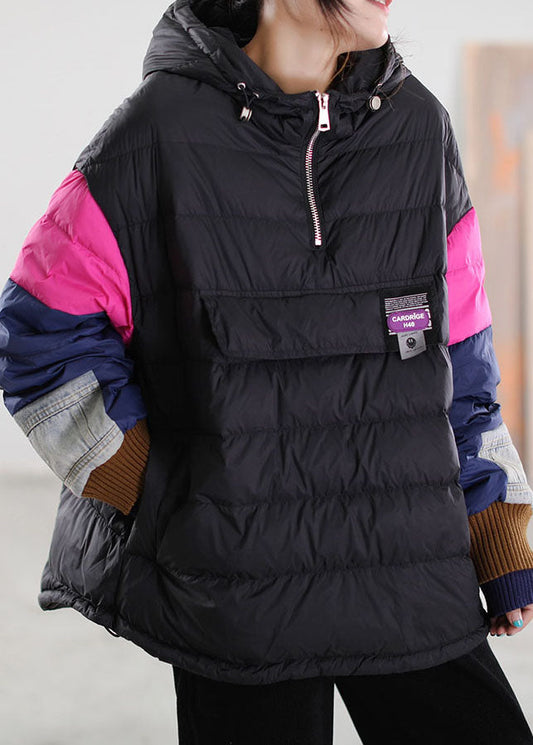  Fitted Black Hooded Patchwork Duck Down Winter down coat - Down Jackets - DYAVOR® 
