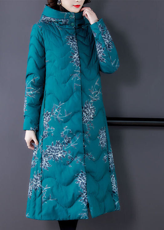  Fitted Blue Hooded Print Fine Cotton Filled Puffers Coats Winter - Down Jackets - DYAVOR® 