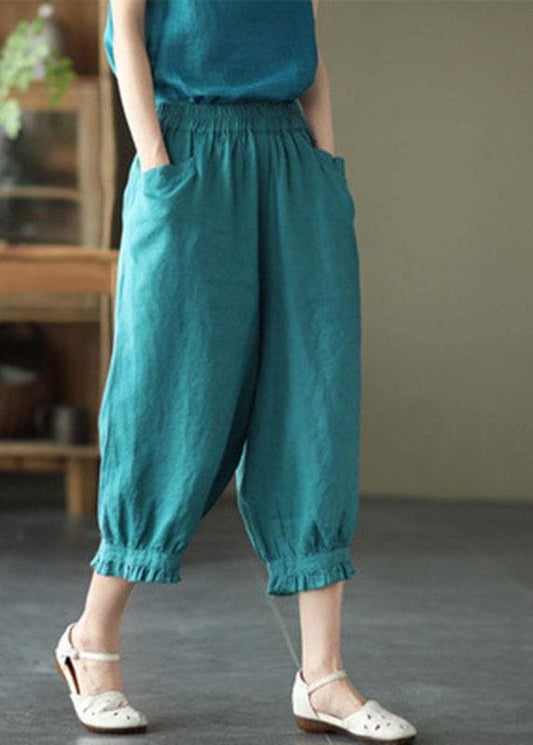  Fitted Green Elastic Waist Pockets Harem Pants Linen - Pants - DYAVOR® 