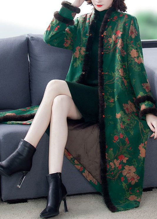  Fitted Green Stand Collar Print Mink Hair Fine Cotton Filled Coats Winter - Down Jackets - DYAVOR® 