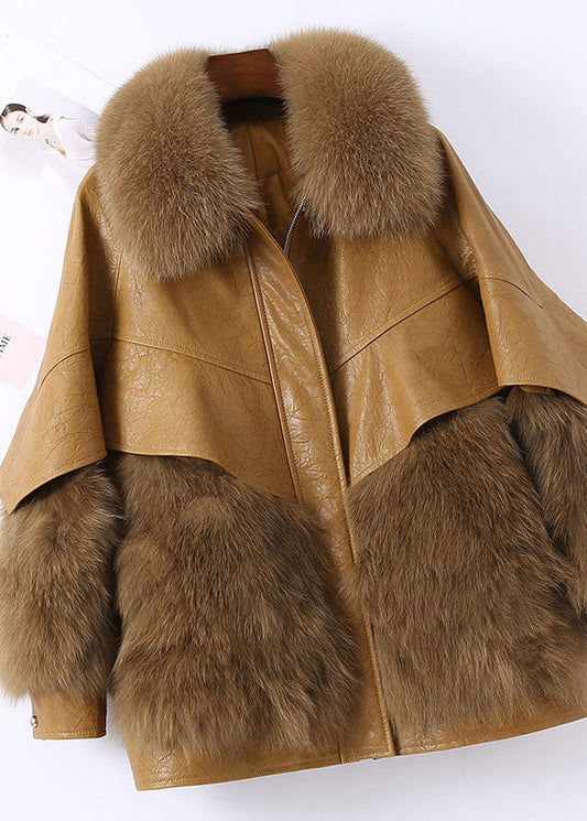  Fitted Khaki Zip Up Fox fur Patchwork Leather Puffer Jacket Winter - Down Jackets - DYAVOR® 