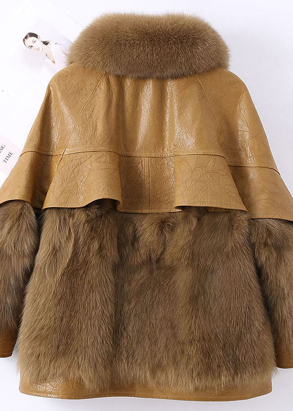 Fitted Khaki Zip Up Fox fur Patchwork Leather Puffer Jacket Winter - Down Jackets - DYAVOR® 