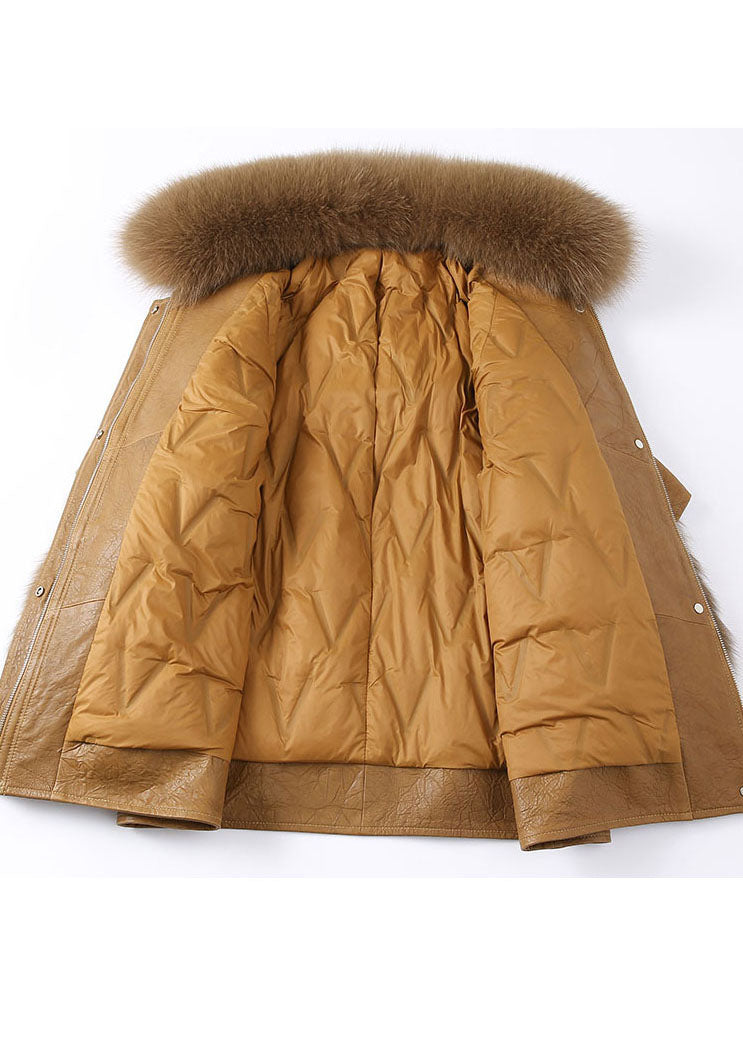  Fitted Khaki Zip Up Fox fur Patchwork Leather Puffer Jacket Winter - Down Jackets - DYAVOR® 