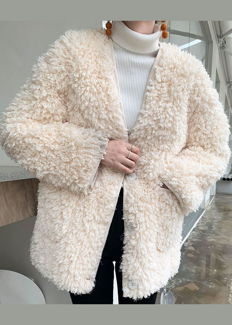 Fitted White V Neck Pockets Faux Fur Coat Outwear Winter