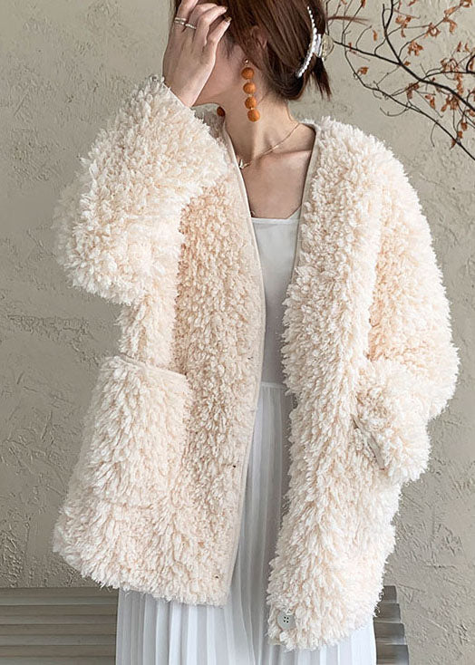  Fitted White V Neck Pockets Faux Fur Coat Outwear Winter - Down Jackets - DYAVOR® 