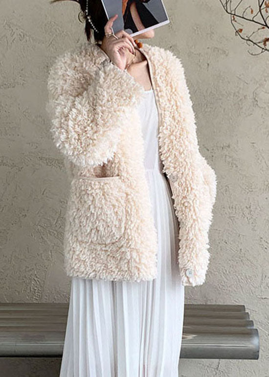 Fitted White V Neck Pockets Faux Fur Coat Outwear Winter