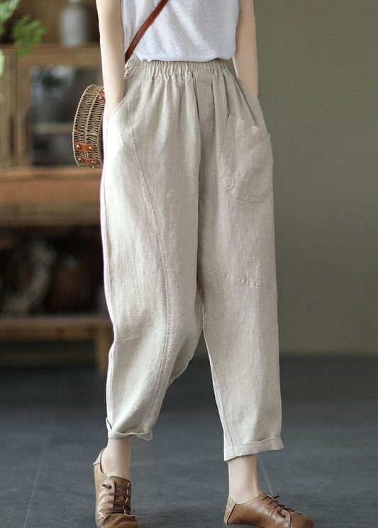  French Beige Elastic Waist Harem Summer Pants Linen - Pants - DYAVOR® 