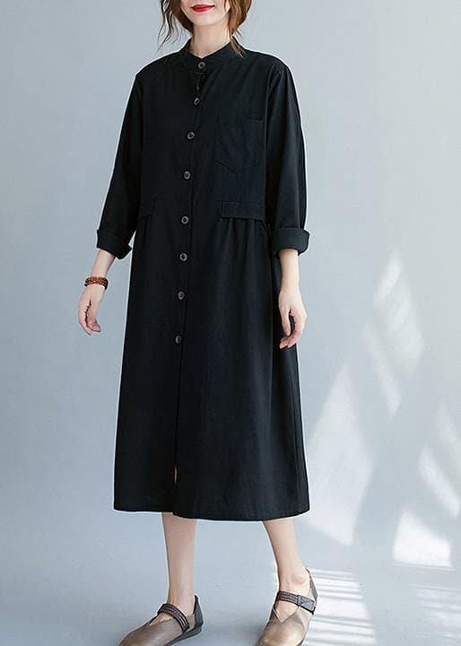 French Black Clothes Stand Collar Button Down A Line Spring Dress