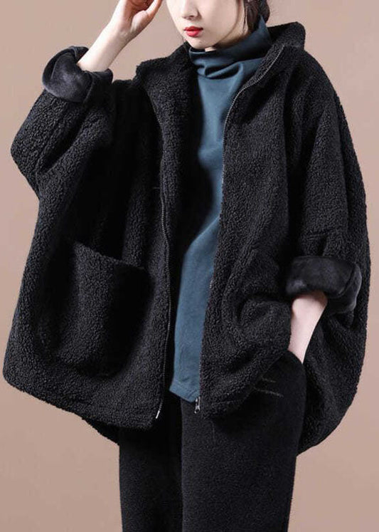  French Black Zip Up Pockets Thick Teddy Faux Fur Jacket Batwing Sleeve - Down Jackets - DYAVOR® 