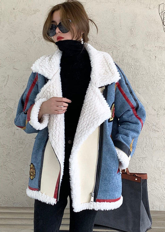  French Blue Zip Up denim Patchwork Faux Fur Winter Coat - Down Jackets - DYAVOR® 