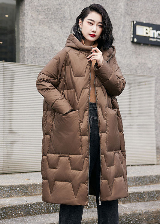  French Brown Solid Hooded Zippered Duck Down Puffers Coats Winter - Down Jackets - DYAVOR® 