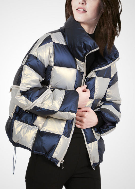  French Colorblock Stand Collar Zip Up Drawstring Plaid Duck Down Puffer Jacket Winter - Down Jackets - DYAVOR® 