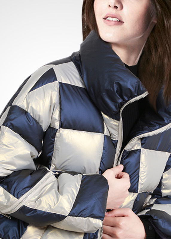  French Colorblock Stand Collar Zip Up Drawstring Plaid Duck Down Puffer Jacket Winter - Down Jackets - DYAVOR® 