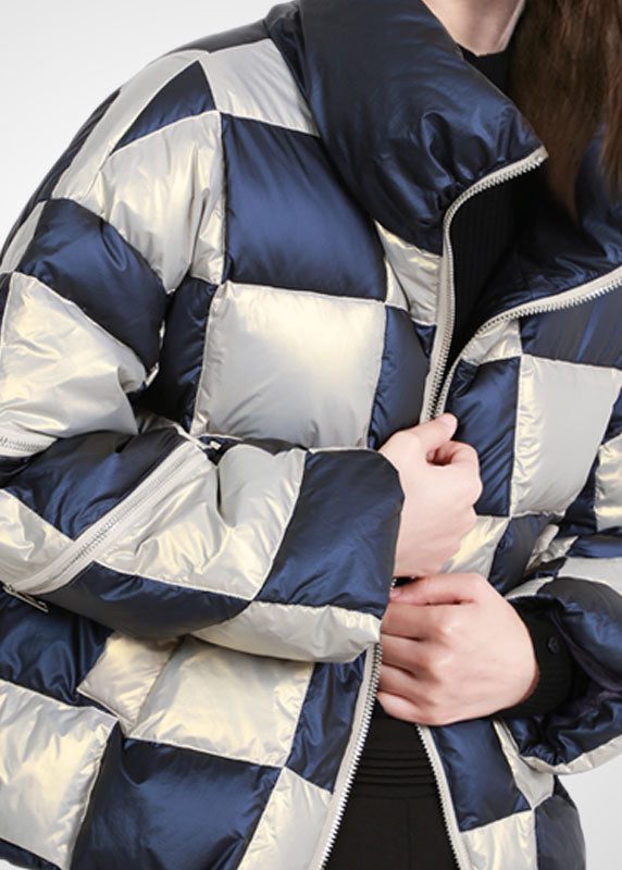  French Colorblock Stand Collar Zip Up Drawstring Plaid Duck Down Puffer Jacket Winter - Down Jackets - DYAVOR® 