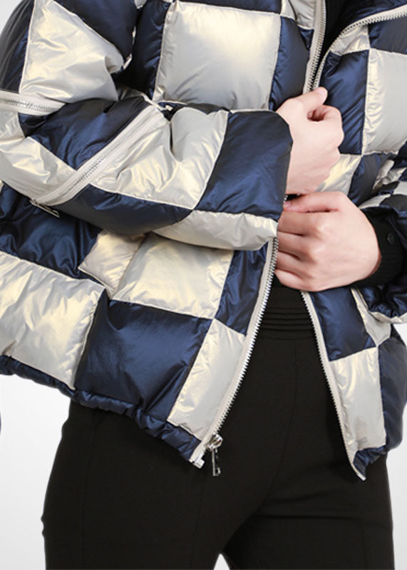  French Colorblock Stand Collar Zip Up Drawstring Plaid Duck Down Puffer Jacket Winter - Down Jackets - DYAVOR® 