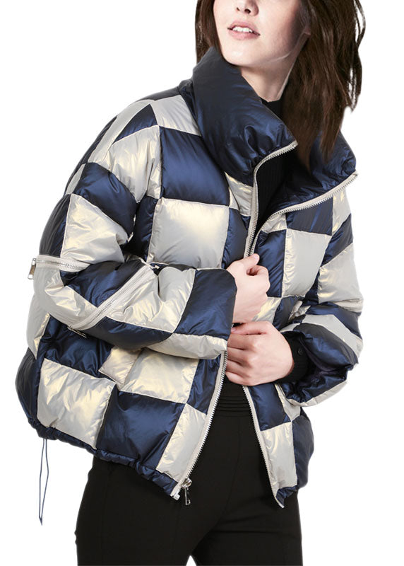  French Colorblock Stand Collar Zip Up Drawstring Plaid Duck Down Puffer Jacket Winter - Down Jackets - DYAVOR® 