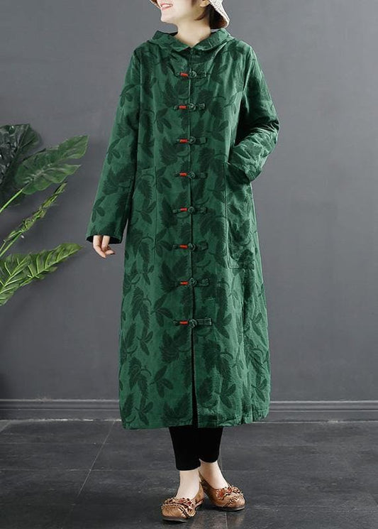  French Green Jacquard Hooded Chinese Button Robe Dresses - Trench coats - DYAVOR® 