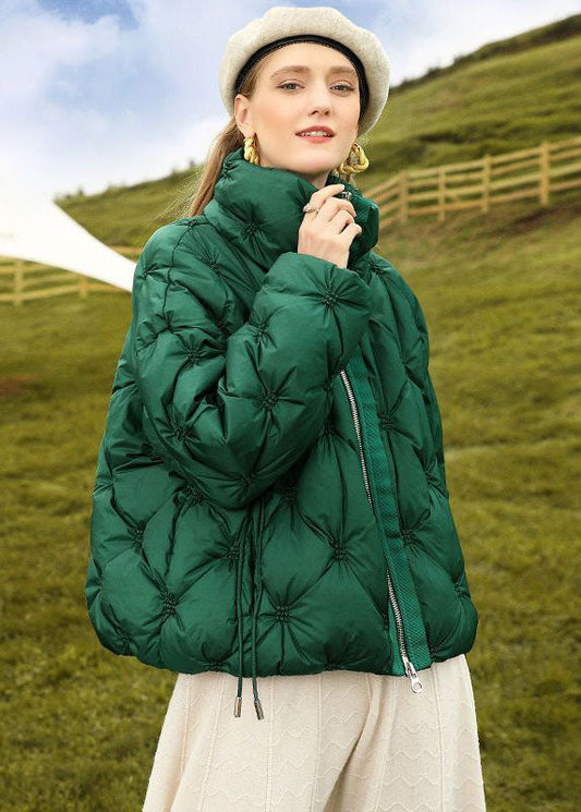  French Green Stand Collar Zip Up Wrinkled Fine Cotton Filled Parkas Winter - Down Jackets - DYAVOR® 