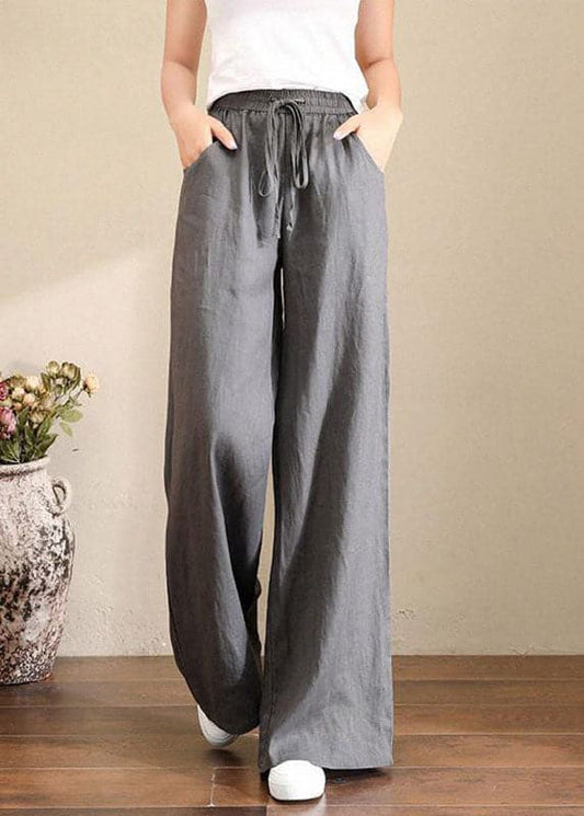  French Grey Elastic Waist Pockets Linen Wide Leg Pants Summer - Pants - DYAVOR® 