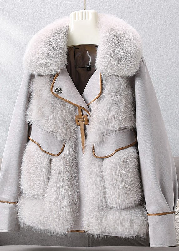  French Grey Fox Collar Leather Patchwork Button Down Coat Winter - Down Jackets - DYAVOR® 