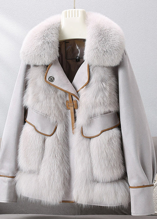  French Grey Fox Collar Leather Patchwork Button Down Coat Winter - Down Jackets - DYAVOR® 