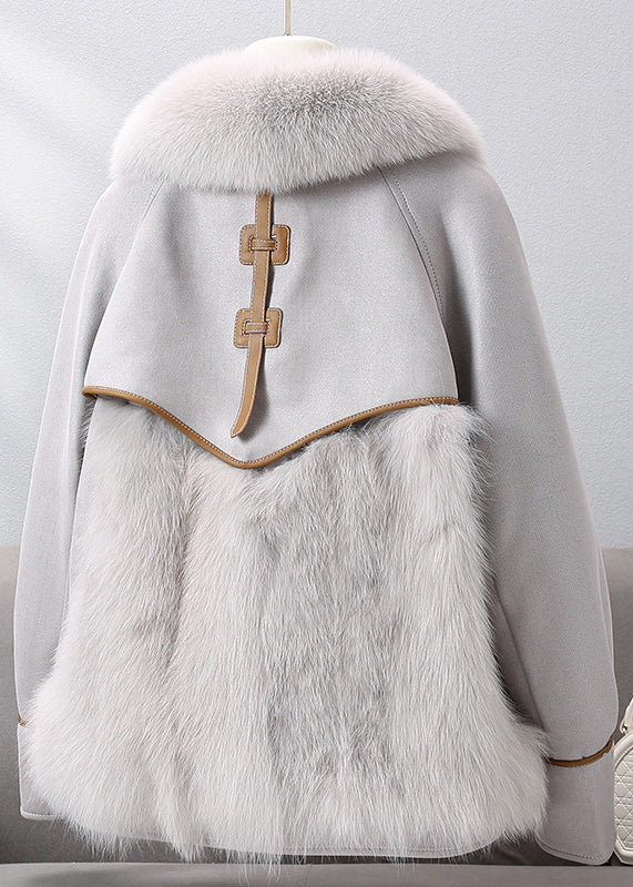  French Grey Fox Collar Leather Patchwork Button Down Coat Winter - Down Jackets - DYAVOR® 