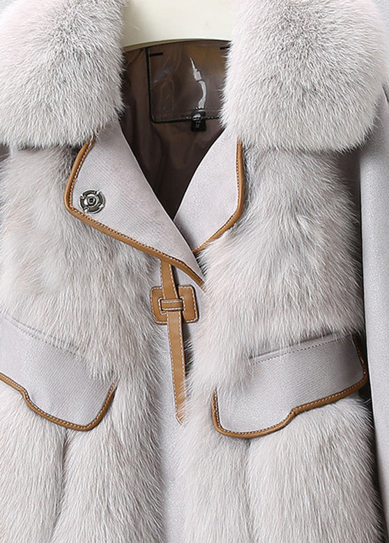  French Grey Fox Collar Leather Patchwork Button Down Coat Winter - Down Jackets - DYAVOR® 
