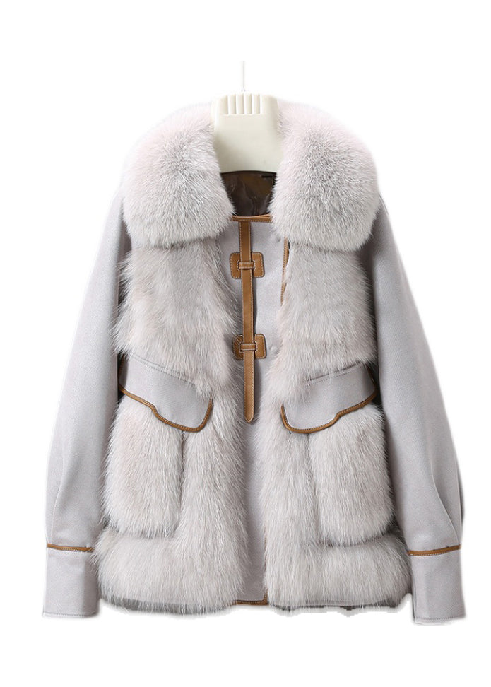  French Grey Fox Collar Leather Patchwork Button Down Coat Winter - Down Jackets - DYAVOR® 