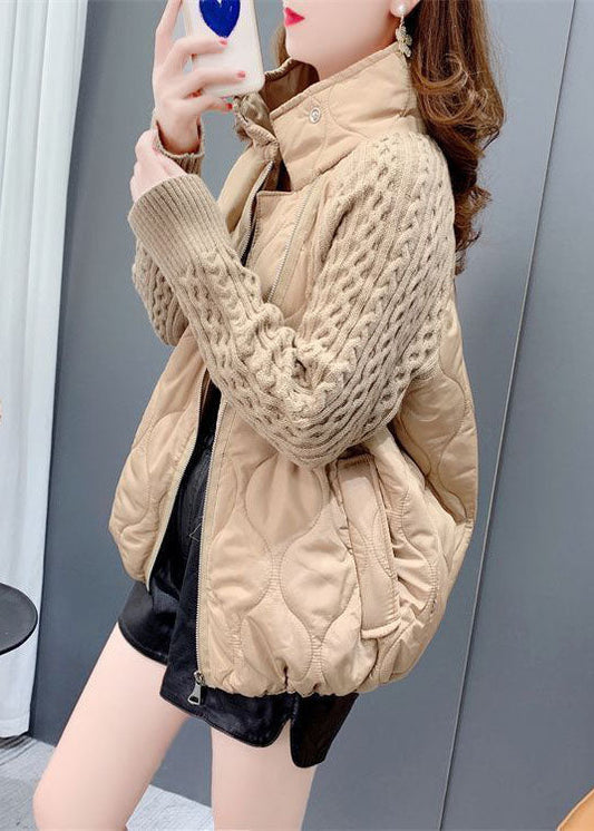  French Khaki Stand Collar Zip Up Knit Patchwork Fine Cotton Filled Coat Winter - Down Jackets - DYAVOR® 