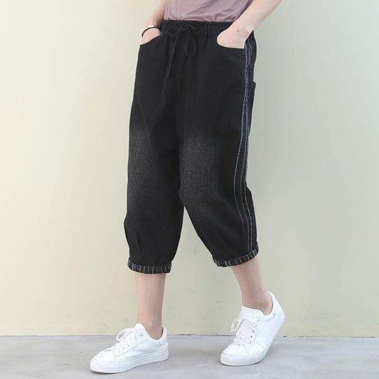  French pants plus size denim black elastic waist pockets pants -  - DYAVOR® 