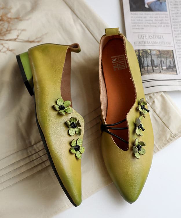 Green Asymmetrical Floral Flat Shoes Pointed Toe Cowhide Leather Flat Shoes For Women