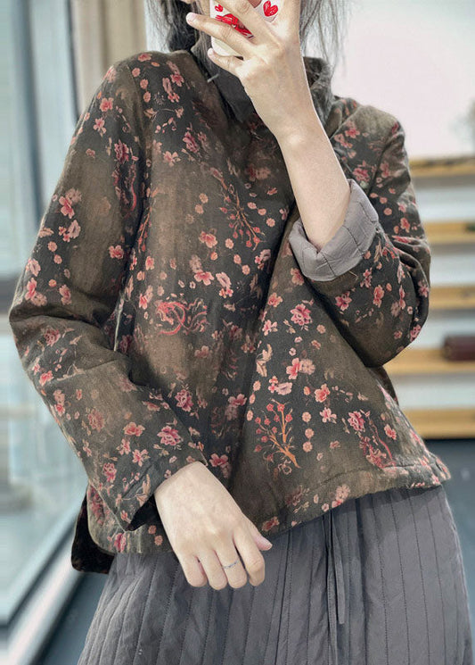  Green Patchwork Linen Blouse Top Cotton Side Open Filled Winter - Down Jackets - DYAVOR® 